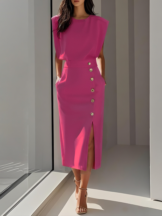 Lena Damen Midi-Kleid | Ärmellos mit Knopfleiste und Seitenschlitz 7