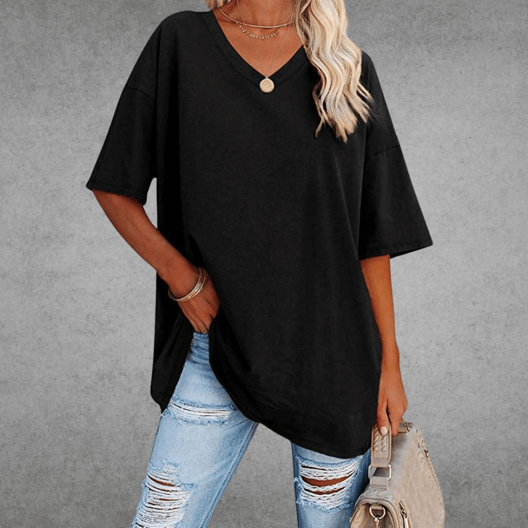 Lena Damen Shirt Lang | V-Ausschnitt, Oversized Baumwollmix 0