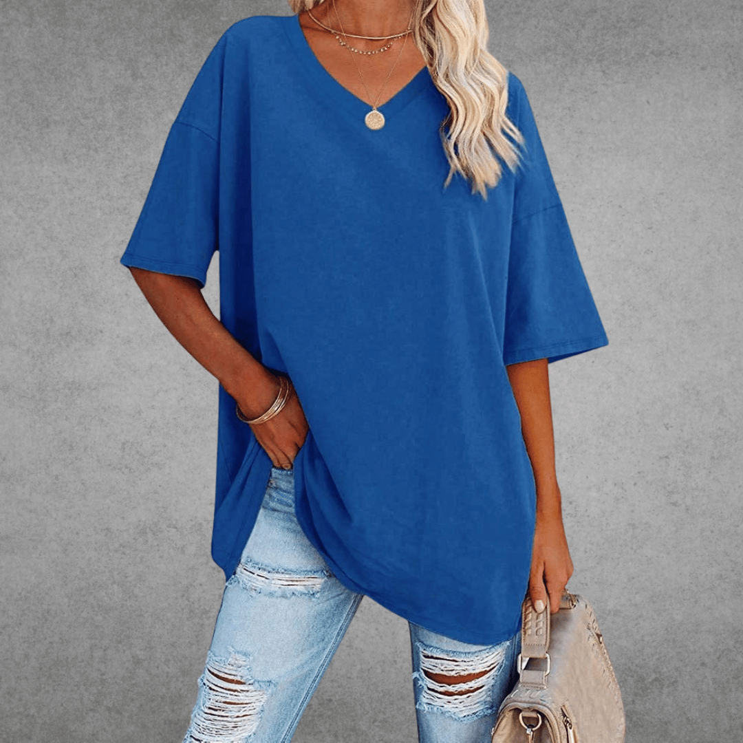 Lena Damen Shirt Lang | V-Ausschnitt, Oversized Baumwollmix 1