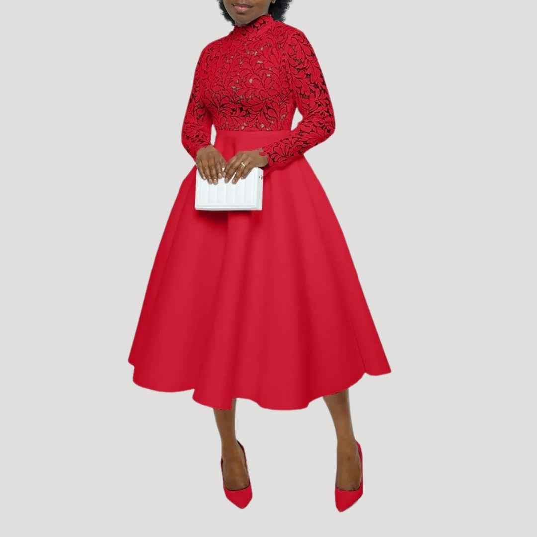 Lina Damen Kleid | Langarm Midi-Rock mit Ausgestelltem Schnitt 0