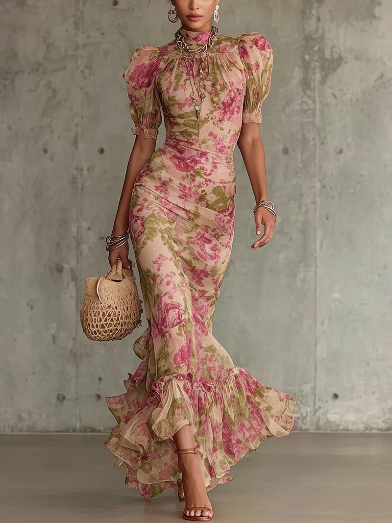 Lina Damen Maxikleid | Romantischer Rosendruck, Puffärmel 0