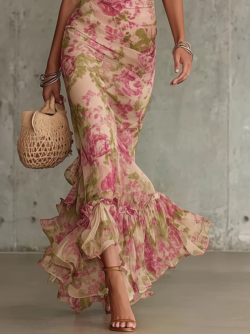Lina Damen Maxikleid | Romantischer Rosendruck, Puffärmel 2