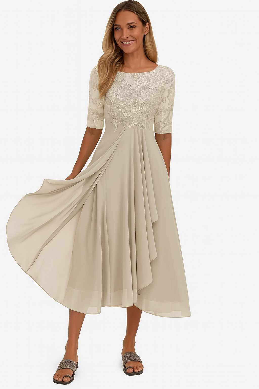 Lina Damen Midi Kleid | Spitze und Fließender Stoff 0