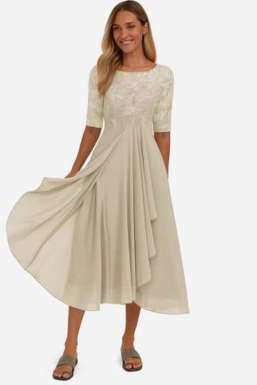 Lina Damen Midi Kleid | Spitze und Fließender Stoff 0