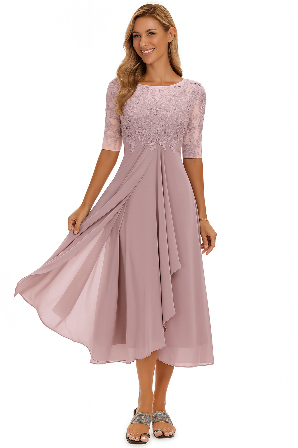 Lina Damen Midi Kleid | Spitze und Fließender Stoff 1