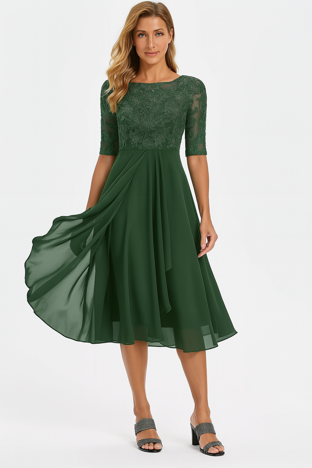 Lina Damen Midi Kleid | Spitze und Fließender Stoff 2