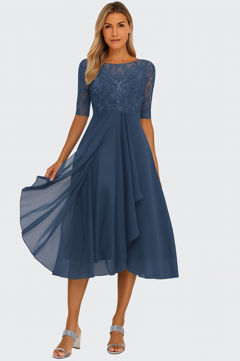 Lina Damen Midi Kleid | Spitze und Fließender Stoff 3