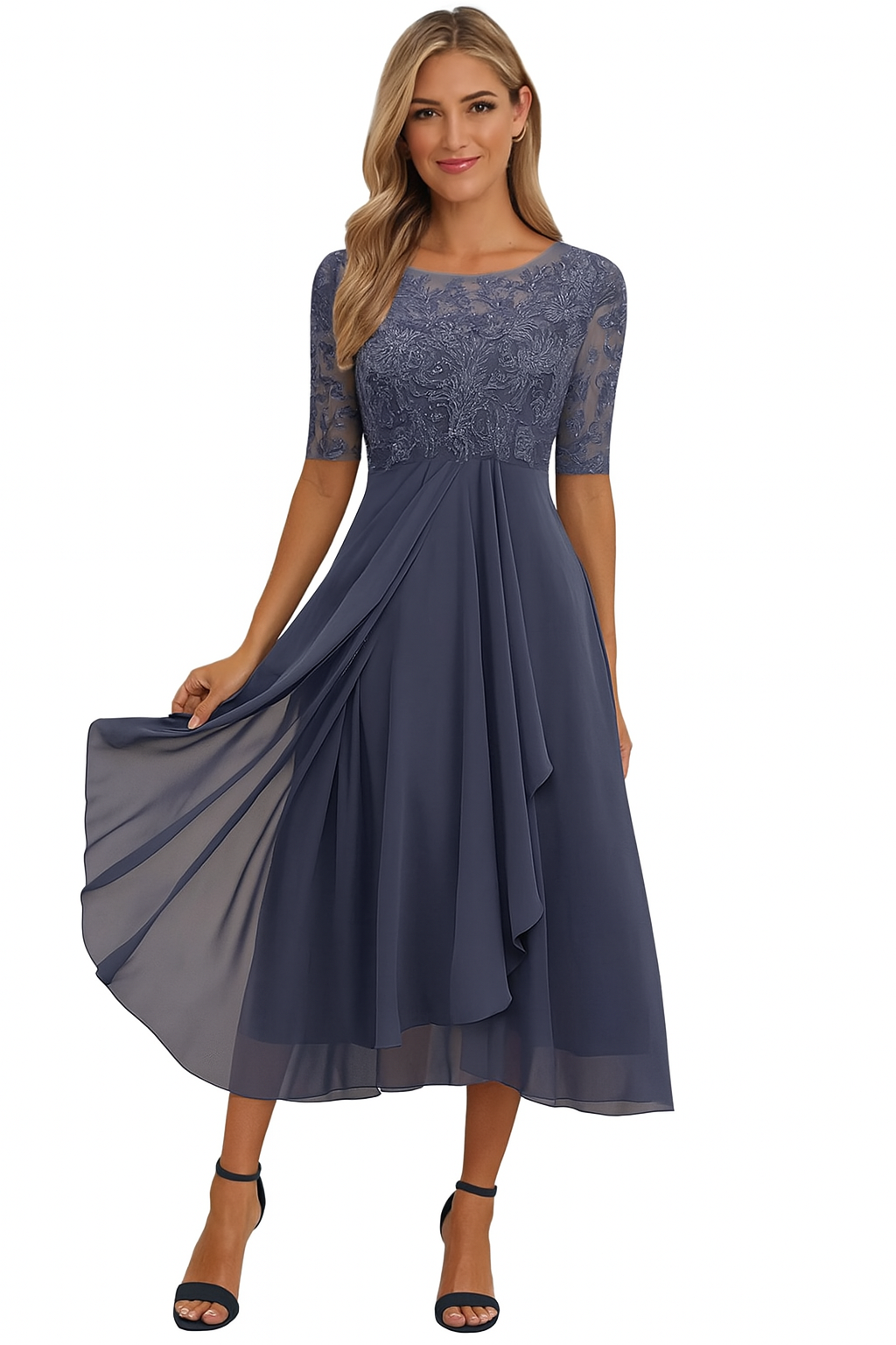 Lina Damen Midi Kleid | Spitze und Fließender Stoff 4