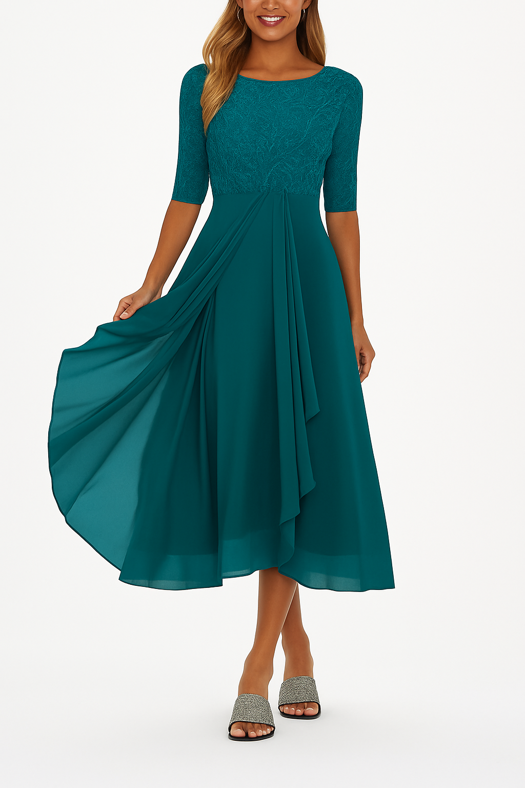 Lina Damen Midi Kleid | Spitze und Fließender Stoff 5