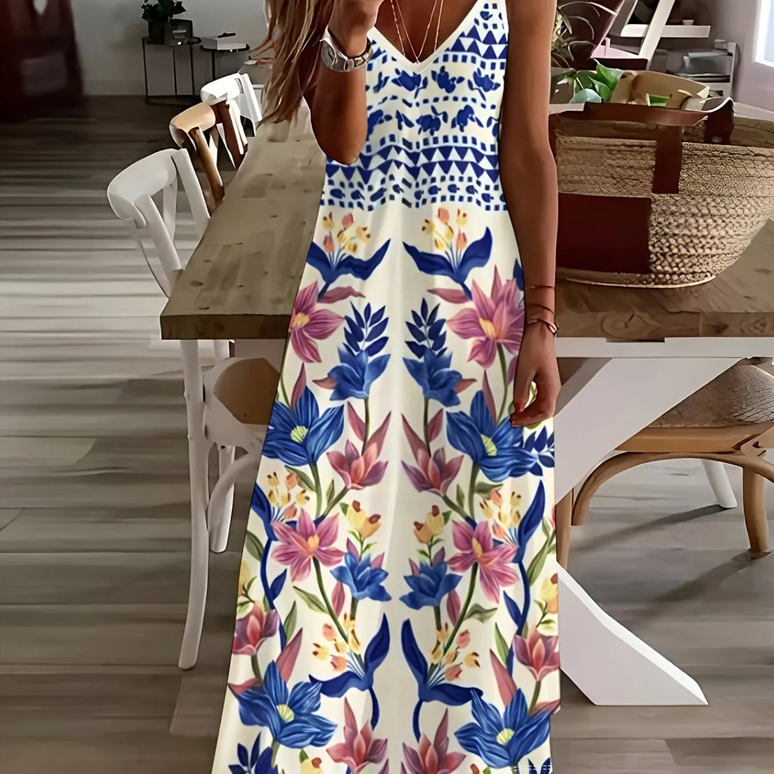 Lina Frauen A-Linie Kleid | Blumenmuster, V-Ausschnitt 0