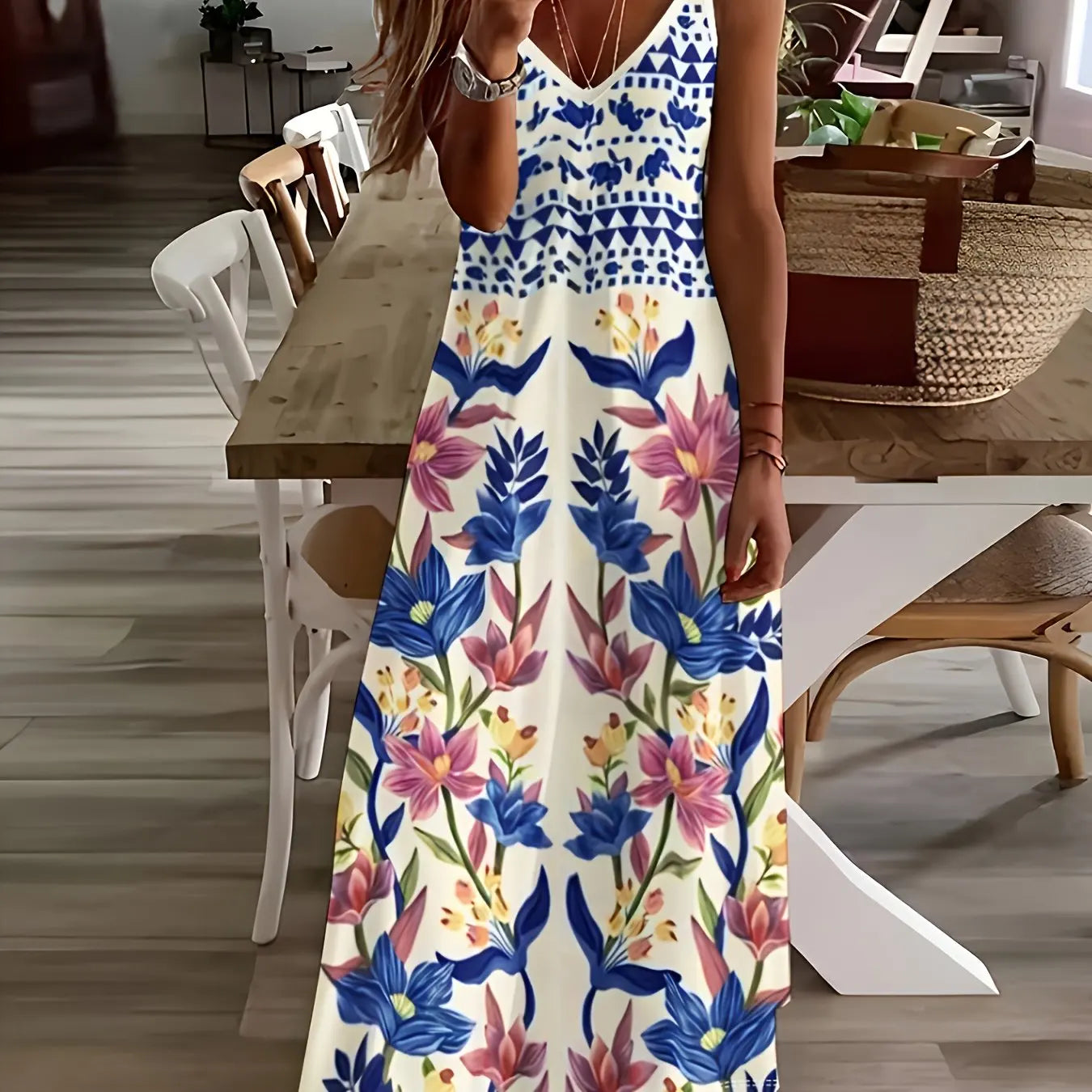 Lina Frauen A-Linie Kleid | Blumenmuster, V-Ausschnitt 1