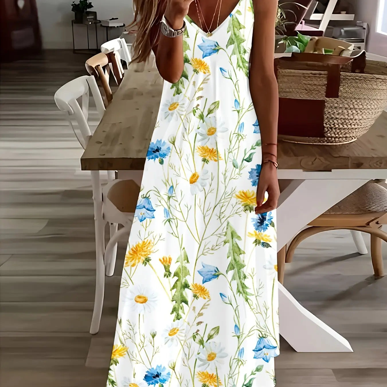 Lina Frauen A-Linie Kleid | Blumenmuster, V-Ausschnitt 12