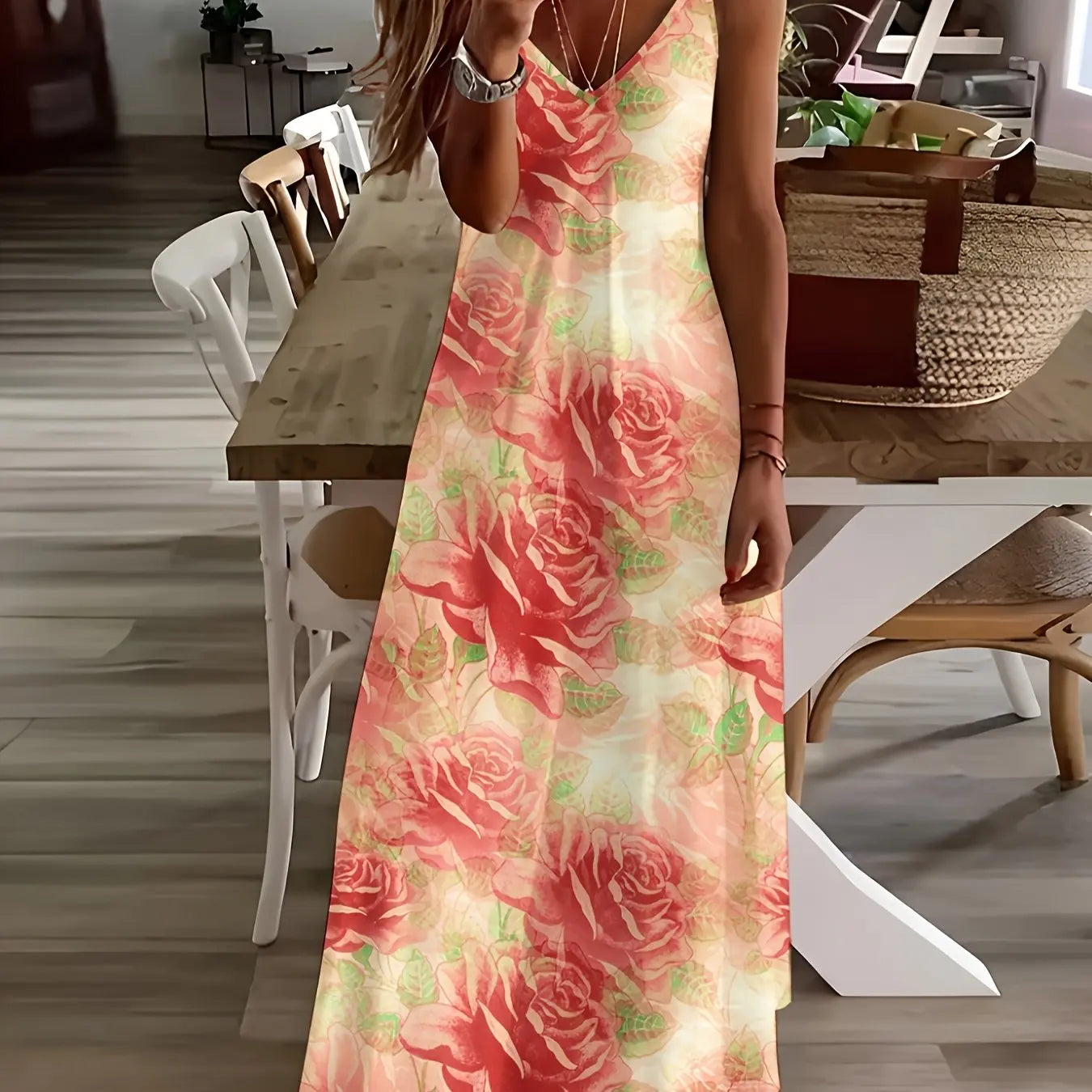Lina Frauen A-Linie Kleid | Blumenmuster, V-Ausschnitt 14