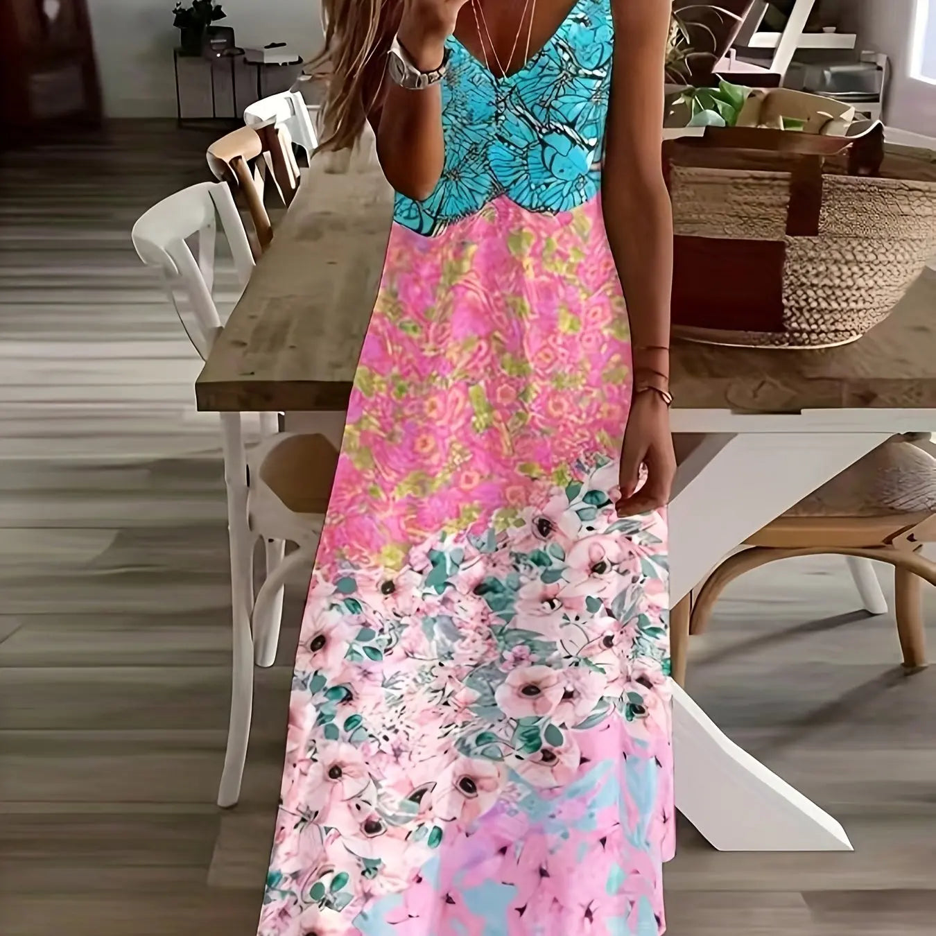 Lina Frauen A-Linie Kleid | Blumenmuster, V-Ausschnitt 3