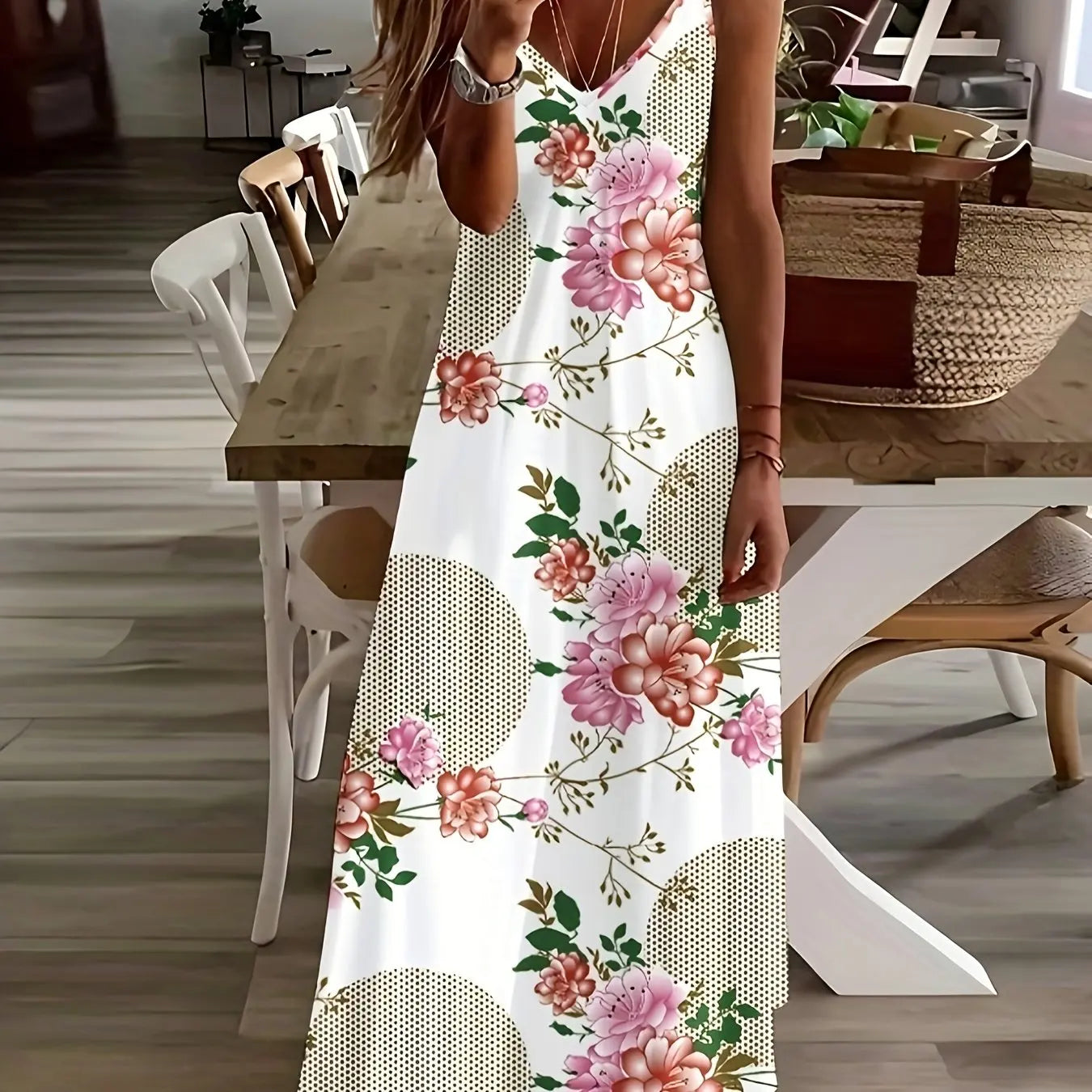 Lina Frauen A-Linie Kleid | Blumenmuster, V-Ausschnitt 7
