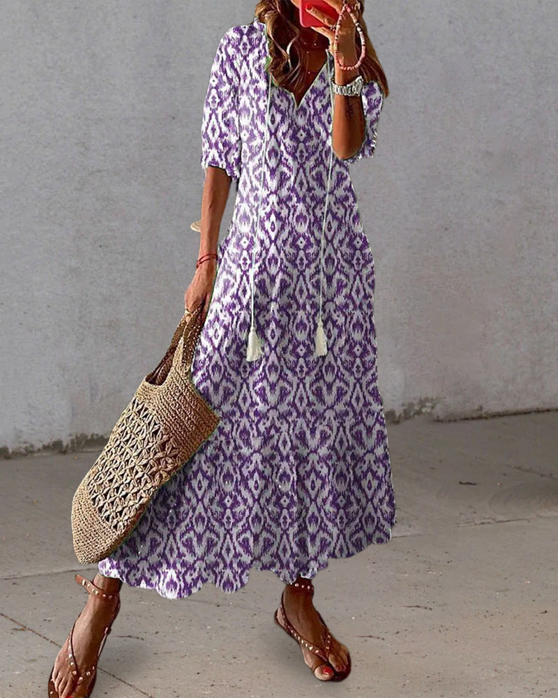 Gaby Blau Boho Midikleid mit V-Ausschnitt für Damen | Fliessender Boho Stil | Sommerurlaub und Alltag - S/M/L/XL/2XL/3XL