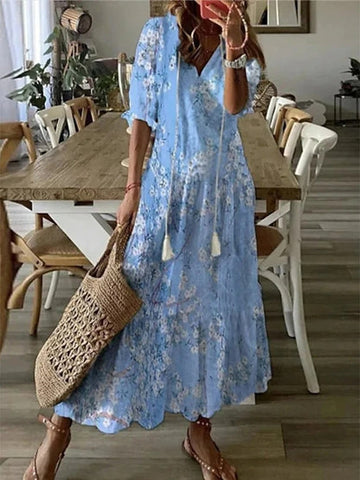 Gaby Blau Boho Midikleid mit V-Ausschnitt für Damen | Fliessender Boho Stil | Sommerurlaub und Alltag - S/M/L/XL/2XL/3XL