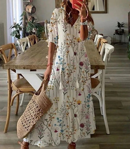 Gaby Blau Boho Midikleid mit V-Ausschnitt für Damen | Fliessender Boho Stil | Sommerurlaub und Alltag - S/M/L/XL/2XL/3XL