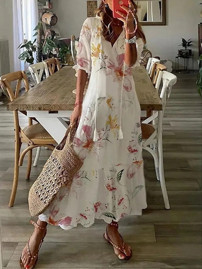 Gaby Blau Boho Midikleid mit V-Ausschnitt für Damen | Fliessender Boho Stil | Sommerurlaub und Alltag - S/M/L/XL/2XL/3XL