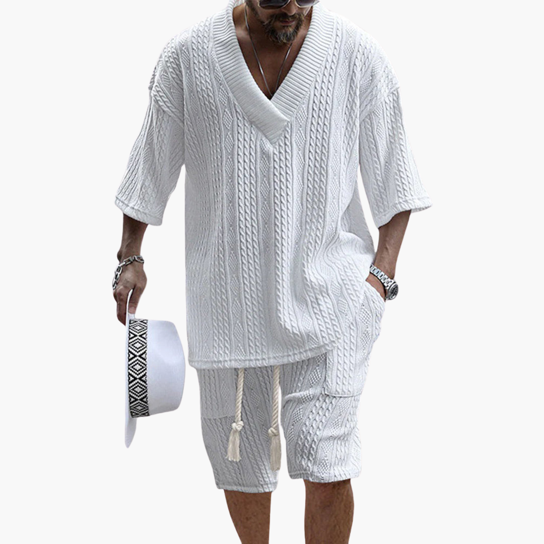 Markus Weiß Cable-Knit V-Neck Strick-Set Herren | Lockere Passform Sommer-Look | Freizeit und Reisen - S/M/L/XL/2XL/3XL