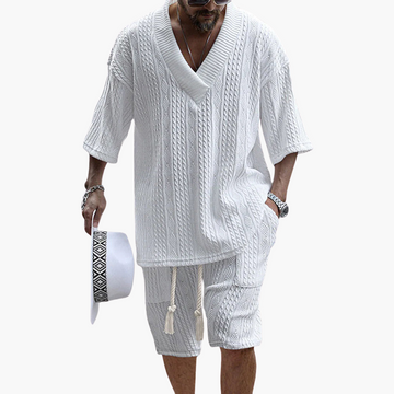 Markus Weiß Cable-Knit V-Neck Strick-Set Herren | Lockere Passform Sommer-Look | Freizeit und Reisen - S/M/L/XL/2XL/3XL