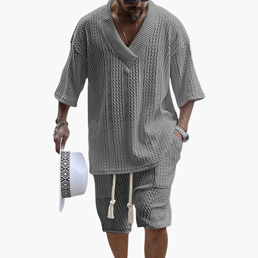 Markus Weiß Cable-Knit V-Neck Strick-Set Herren | Lockere Passform Sommer-Look | Freizeit und Reisen - S/M/L/XL/2XL/3XL