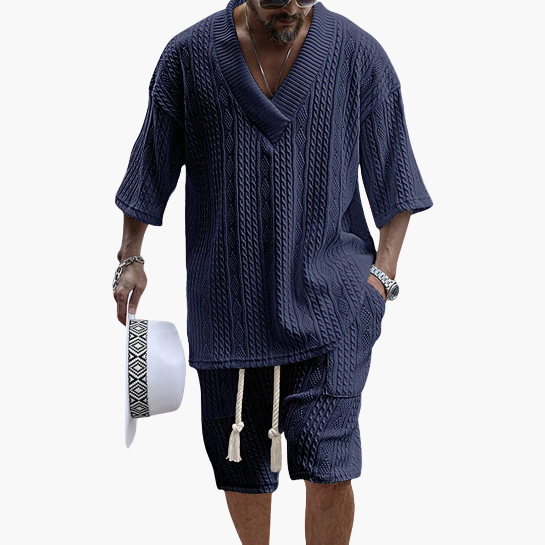 Markus Weiß Cable-Knit V-Neck Strick-Set Herren | Lockere Passform Sommer-Look | Freizeit und Reisen - S/M/L/XL/2XL/3XL