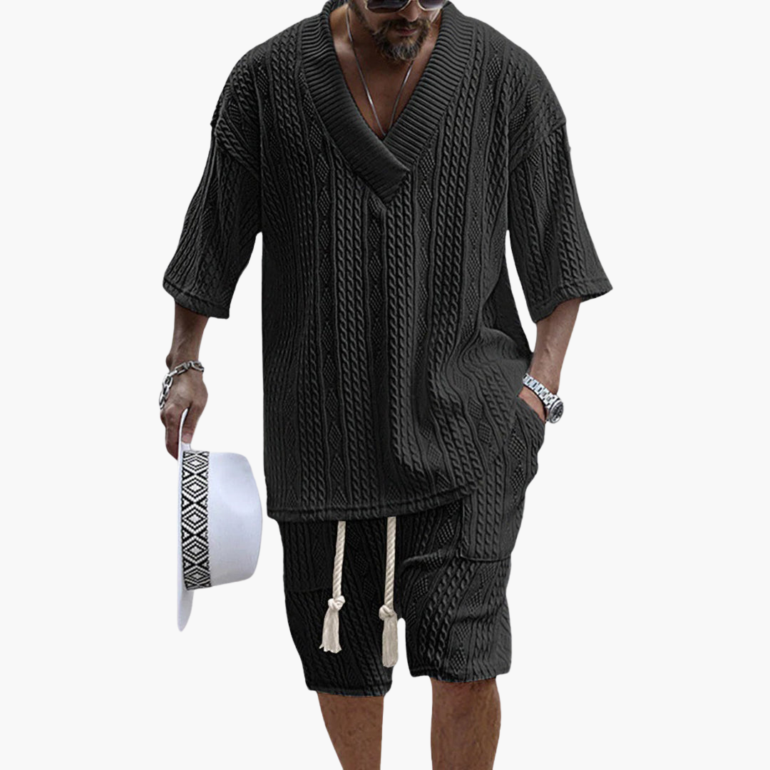 Markus Weiß Cable-Knit V-Neck Strick-Set Herren | Lockere Passform Sommer-Look | Freizeit und Reisen - S/M/L/XL/2XL/3XL