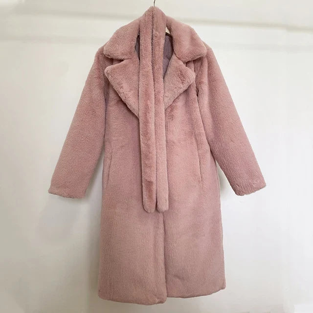 Doris Schwarz Oversized Langer Kunstfell-Mantel für Damen | Breiter Kragen Gürtel Winter Stil - S/M/L/XL/2XL