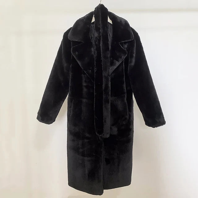 Doris Schwarz Oversized Langer Kunstfell-Mantel für Damen | Breiter Kragen Gürtel Winter Stil - S/M/L/XL/2XL