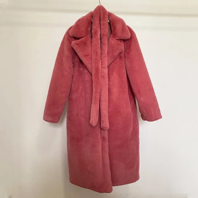 Doris Schwarz Oversized Langer Kunstfell-Mantel für Damen | Breiter Kragen Gürtel Winter Stil - S/M/L/XL/2XL