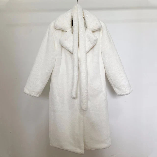 Doris Schwarz Oversized Langer Kunstfell-Mantel für Damen | Breiter Kragen Gürtel Winter Stil - S/M/L/XL/2XL