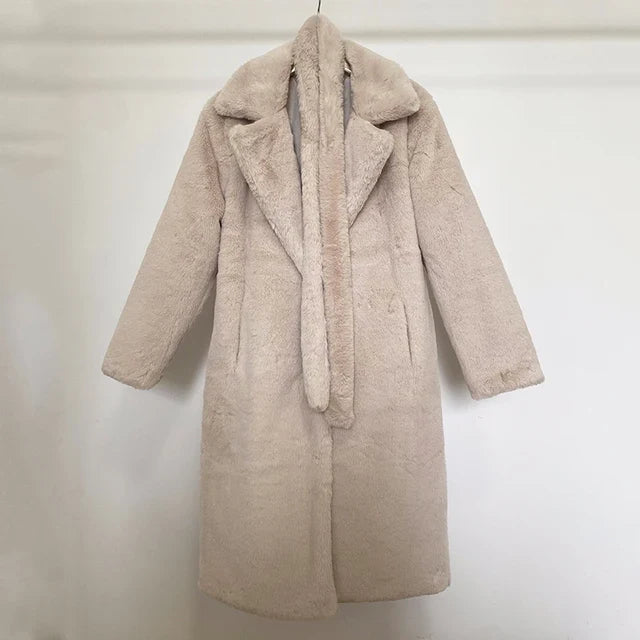 Doris Schwarz Oversized Langer Kunstfell-Mantel für Damen | Breiter Kragen Gürtel Winter Stil - S/M/L/XL/2XL