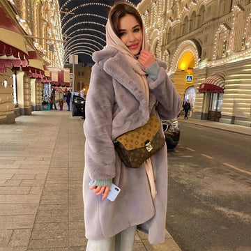 Doris Schwarz Oversized Langer Kunstfell-Mantel für Damen | Breiter Kragen Gürtel Winter Stil - S/M/L/XL/2XL