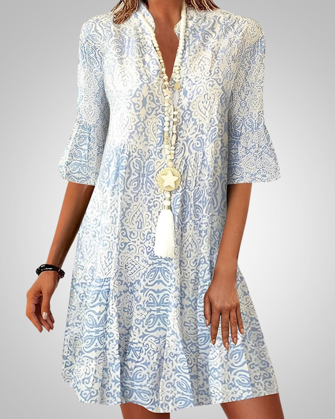 Erika Blau Ornament-Print Boho Kleid für Damen | Casual Sommerkleid mit V-Ausschnitt - S/M/L/XL/2XL/3XL