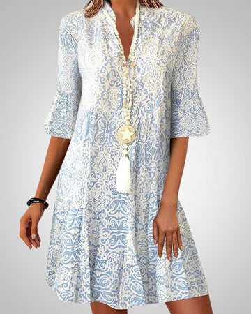 Erika Blau Ornament-Print Boho Kleid für Damen | Casual Sommerkleid mit V-Ausschnitt - S/M/L/XL/2XL/3XL