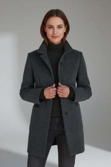 Maja Schwarz Strukturierter Stehkragen Midi-Mantel für Damen | Eleganter Wintermantel Büro und Stadt - S/M/L/XL/2XL/3XL/4XL/5XL