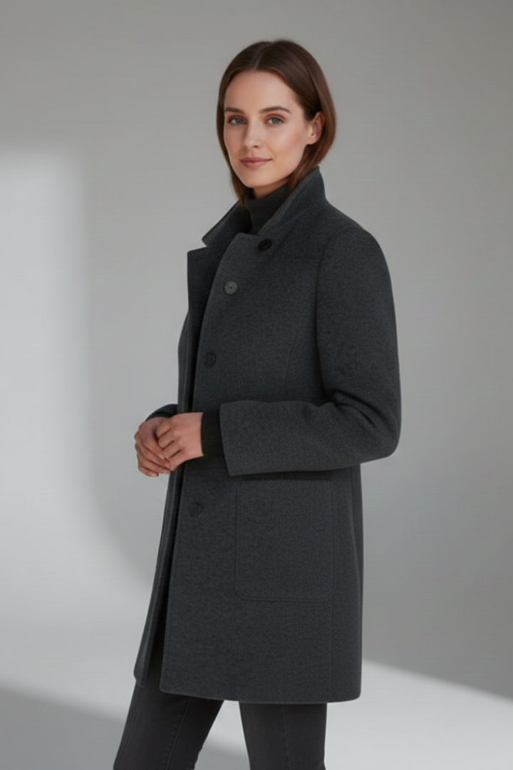 Maja Schwarz Strukturierter Stehkragen Midi-Mantel für Damen | Eleganter Wintermantel Büro und Stadt - S/M/L/XL/2XL/3XL/4XL/5XL