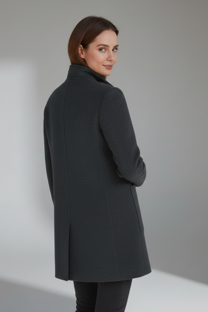 Maja Schwarz Strukturierter Stehkragen Midi-Mantel für Damen | Eleganter Wintermantel Büro und Stadt - S/M/L/XL/2XL/3XL/4XL/5XL