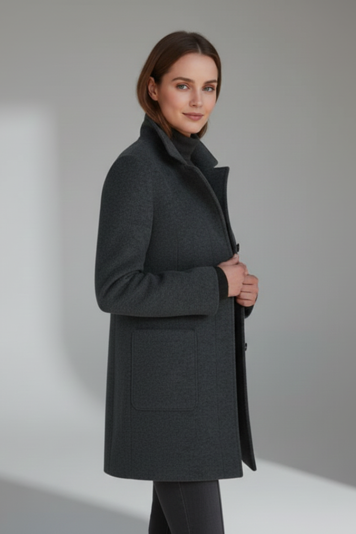 Maja Schwarz Strukturierter Stehkragen Midi-Mantel für Damen | Eleganter Wintermantel Büro und Stadt - S/M/L/XL/2XL/3XL/4XL/5XL