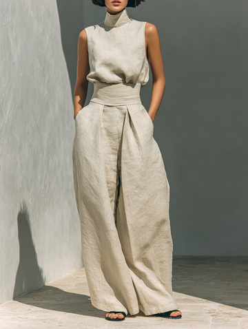 Mila Damen Ensemble | Ärmellose Bluse und Weite-Hosen aus Hochwertigem Stoff 0