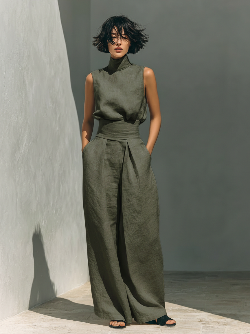 Mila Damen Ensemble | Ärmellose Bluse und Weite-Hosen aus Hochwertigem Stoff 2