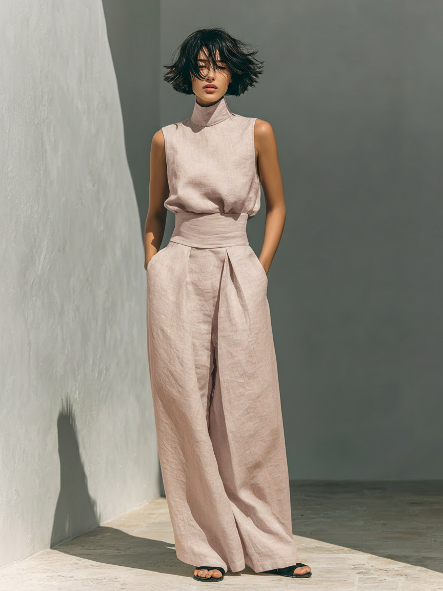 Mila Damen Ensemble | Ärmellose Bluse und Weite-Hosen aus Hochwertigem Stoff 4