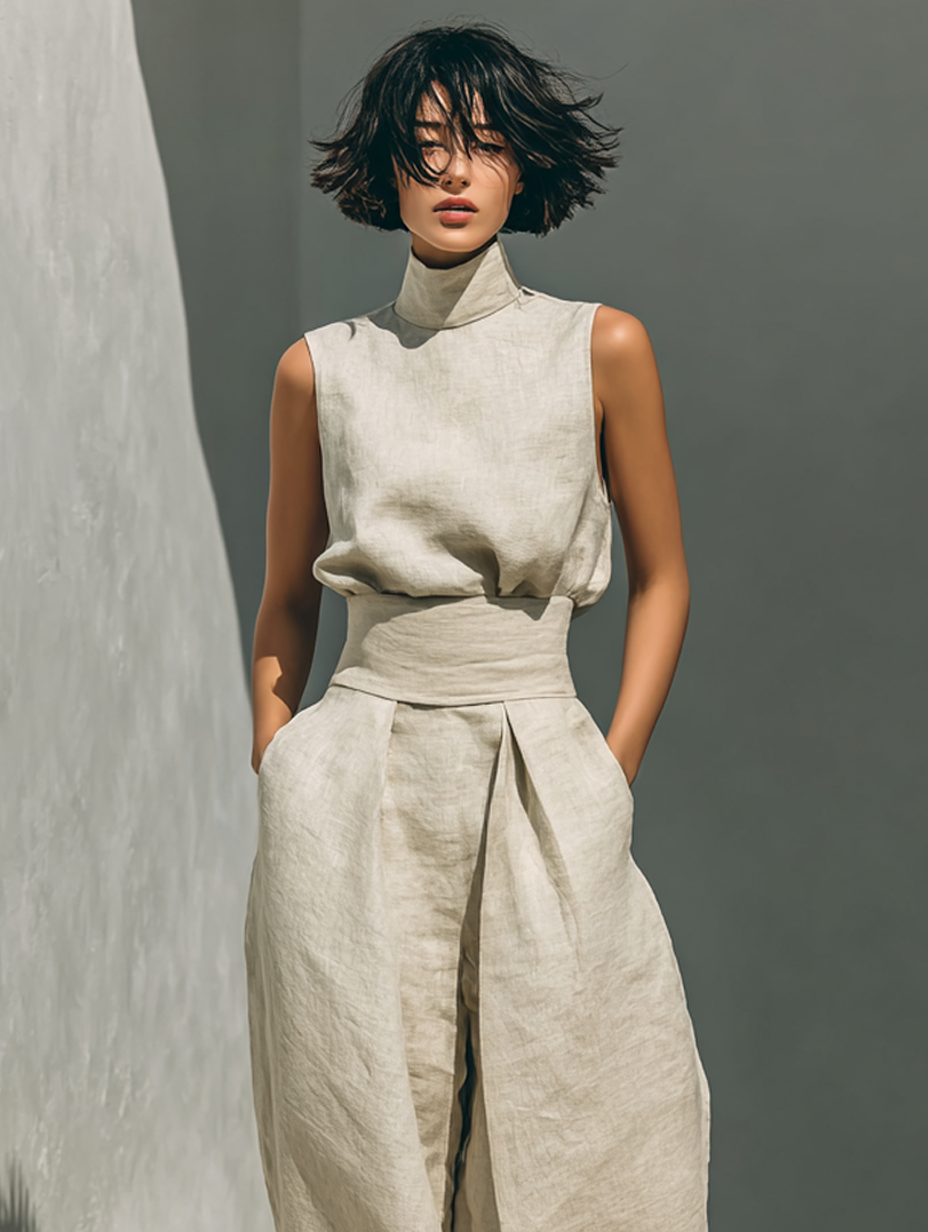 Mila Damen Ensemble | Ärmellose Bluse und Weite-Hosen aus Hochwertigem Stoff 5