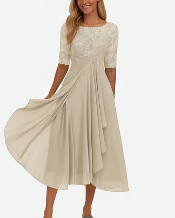Mila Damen Midi Kleid | Chiffon mit Spitzenoberteil, Elegant für Feste 0