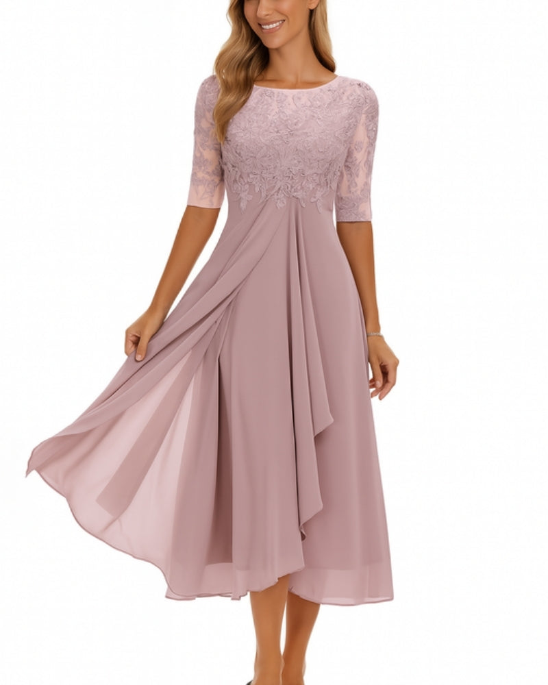 Mila Damen Midi Kleid | Chiffon mit Spitzenoberteil, Elegant für Feste 1