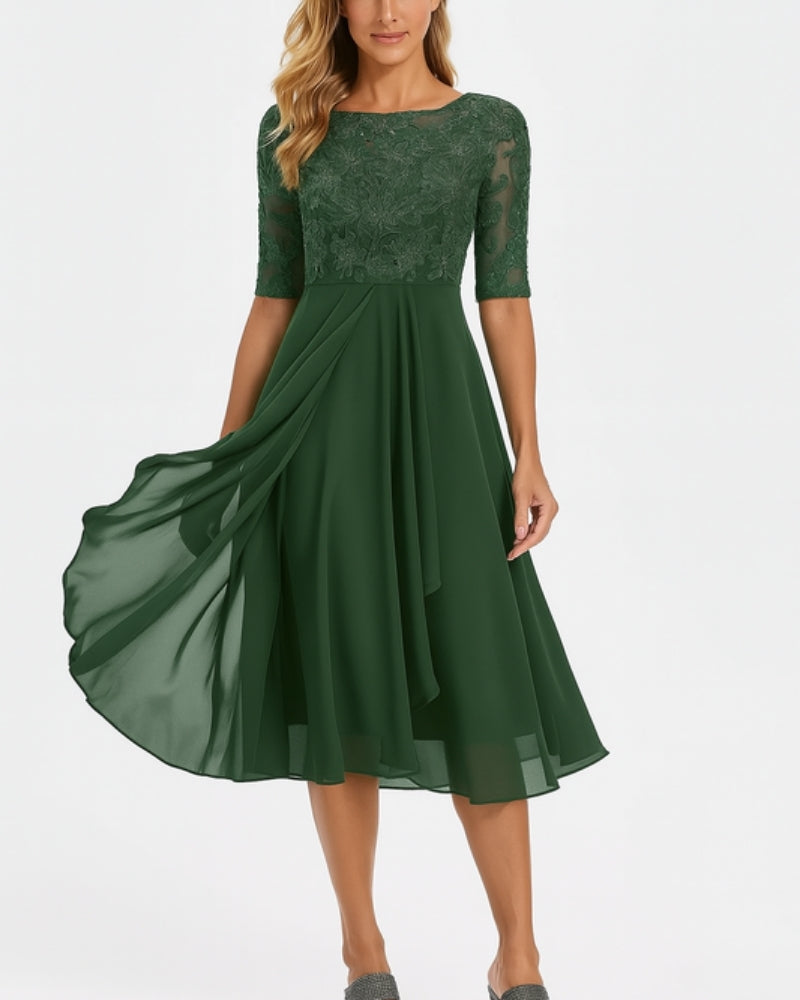 Mila Damen Midi Kleid | Chiffon mit Spitzenoberteil, Elegant für Feste 2