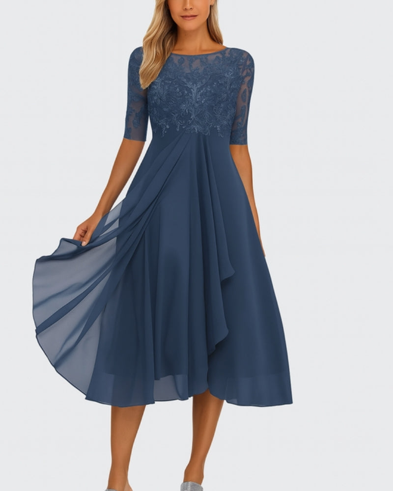 Mila Damen Midi Kleid | Chiffon mit Spitzenoberteil, Elegant für Feste 3