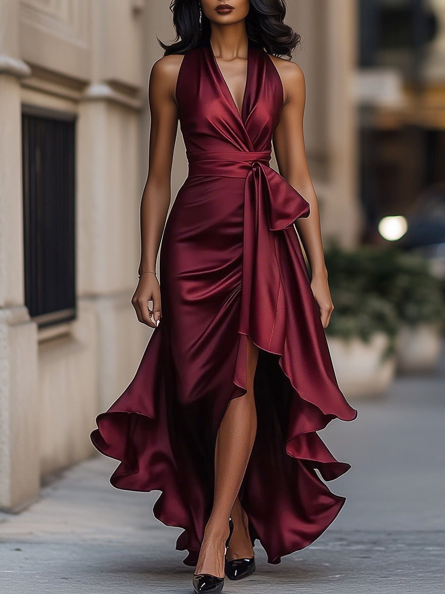 Mira Damen Langes Abendkleid | Wickelstil, Fließender Saum 5