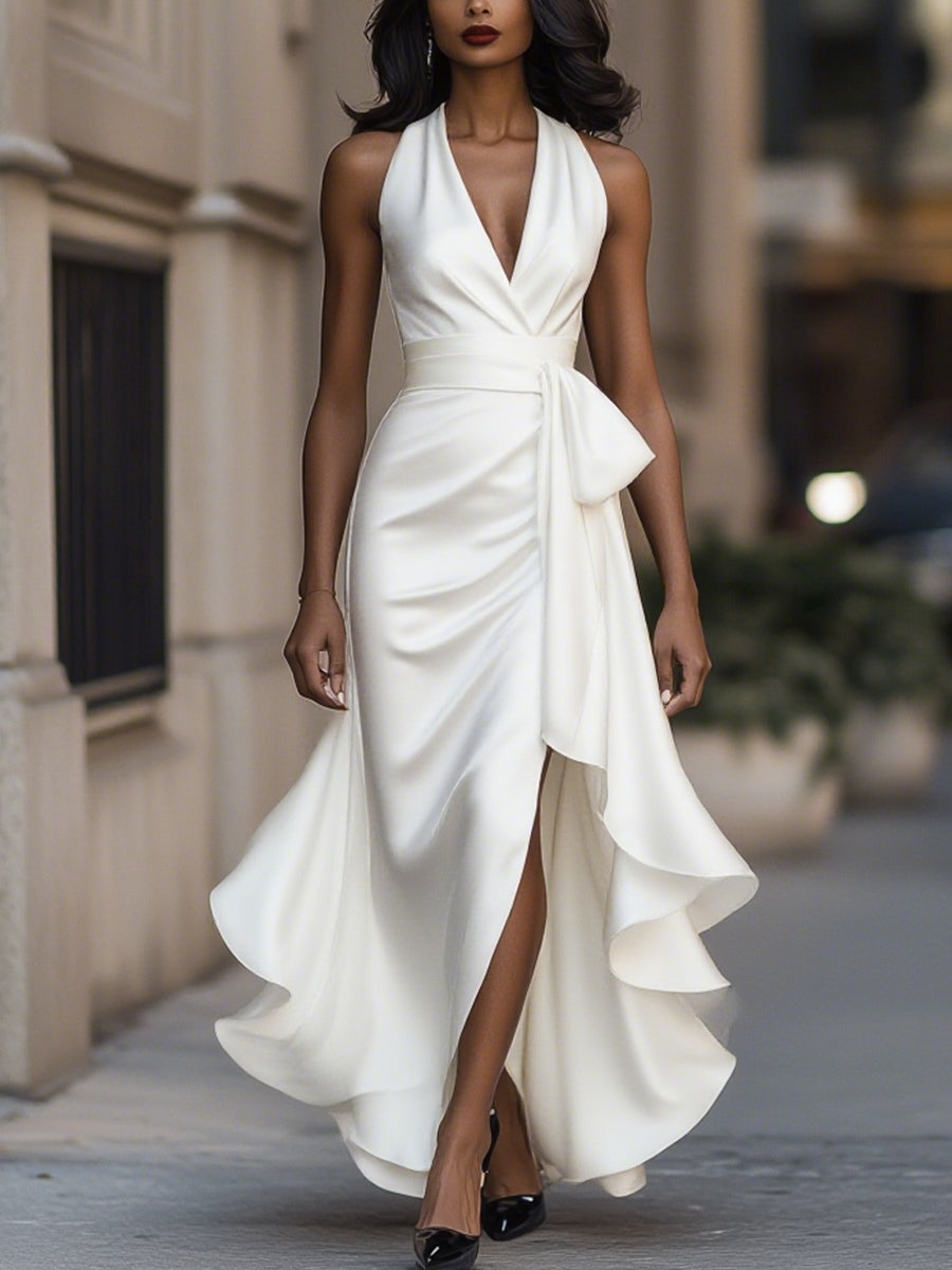 Mira Damen Langes Abendkleid | Wickelstil, Fließender Saum 6
